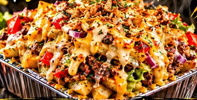 Kapsalon AdGraille : frites, viande, fromage fondu et crudités en barquette
