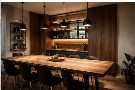 Intérieur élégant avec cuisine et mobilier en bois sur mesure