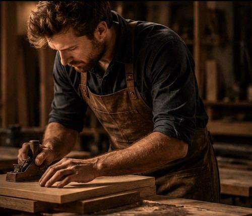 Artisan menuisier travaillant le bois dans son atelier
