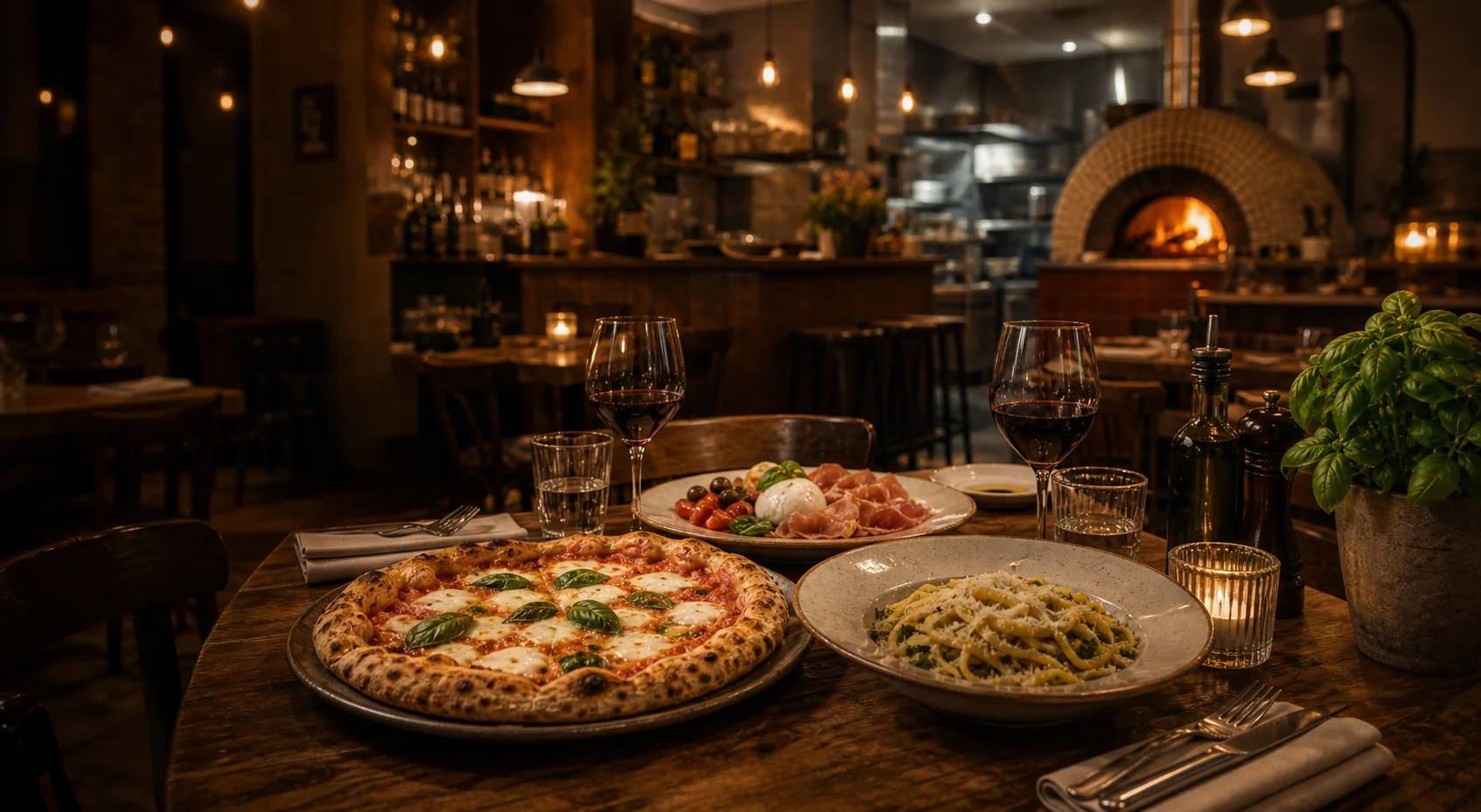 Table italienne élégante avec pizza, pâtes, vin et four à bois